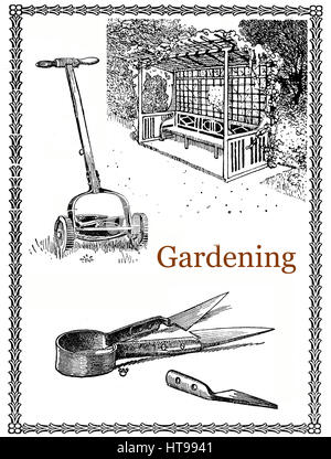 Jahrgang, Gravur, eleganten Rahmen mit Rasenmäher, Werkzeuge und einen schönen Garten Ecke im Schatten im Garten Stockfoto