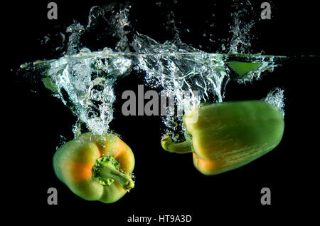 Spritzwasser aus Wasser Droping Paprika in Studio-Beleuchtung auf schwarzem Hintergrund. Stockfoto