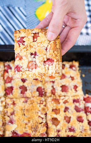 Hand ein Stück süßen hausgemachten Kirschkuchen mit Streusel Stockfoto