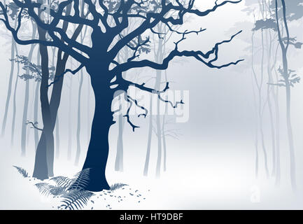 Nebligen Wald. Handgezeichnete digitale Illustration einer nebligen Wald Landschaft mit grandiosen Eiche und Farne. Stockfoto