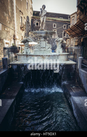 Amenano-Brunnen (Fontana Dell Amenano) neben Domplatz (Piazza del Duomo) in der Stadt Catania auf der Ostseite der Insel Sizilien, Italien Stockfoto