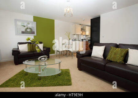 Wohnung Interieur, moderne Lounge/Küche/Esszimmer, Wohnzimmer, Raum, Essbereich, grünen Teppich, Couchtisch aus Glas, Stockfoto