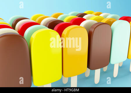 3D Illustraton. Satz von Schokolade Eis am Stiel gefüllt mit Creme auf hellblauem Hintergrund. Sommer-Food-Konzept. Stockfoto