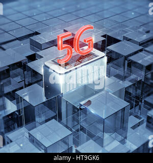 5G Smartphone und Text zu unterzeichnen, zelluläre Hochgeschwindigkeitsdaten drahtlose Verbindung abstrakte Glas Hintergrund 3d Render Illustrationen Stockfoto