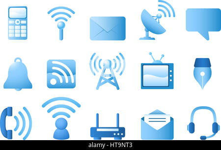 Icon-Set blau Kommunikation. Taschenrechner, Signal, Umschlag, Radar, Blase Dialog, Bell, TV, Federkiel, Telefon, Kopfhörer. Vektor-Illustration-Cartoon. Stockfoto