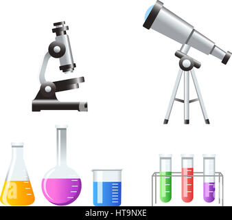 Wissenschaft Symbole Reagenzgläser Mikroskop Teleskop Vektor Illustration Karikatur. Stockfoto