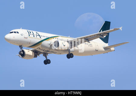 Dubai/VAE 9. März 2017: Airbus A320 von PIA landet auf dem Flughafen von Dubai. Stockfoto