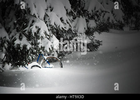 Fahrrad in einem Schneesturm Stockfoto