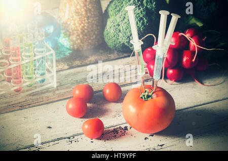 GVO gentechnisch veränderte Lebensmittel Konzept auf hölzernen Hintergrund. Drei Spritzen in der Tomate. Stockfoto