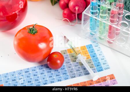 Tomaten, Spritze, Reagenzgläser im Labor auf periodische Tabelle. Gentechnisch veränderte Lebensmittel Konzeption. Stockfoto