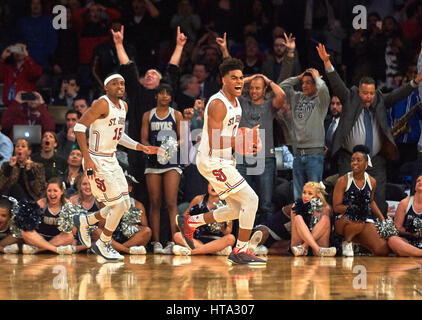 Piscataway, New Jersey, USA. 8. März 2017. St Johns Wache Malik Ellison #0 reagiert nach St Johns Red Storm besiegte die Georgetown Hoyas 74-73 in der ersten Runde Big East Turnier im Madison Square Garden in New York City. Duncan Williams/CSM/Alamy Live-Nachrichten Stockfoto