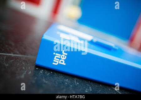 Düsseldorf, Deutschland. 9. März 2017. Die Uniper Logo in Düsseldorf, Deutschland, 9. März 2017. Das Unternehmen ist die Freigabe seiner jährlichen Finanzberichts. Foto: Rolf Vennenbernd/Dpa/Alamy Live News Stockfoto