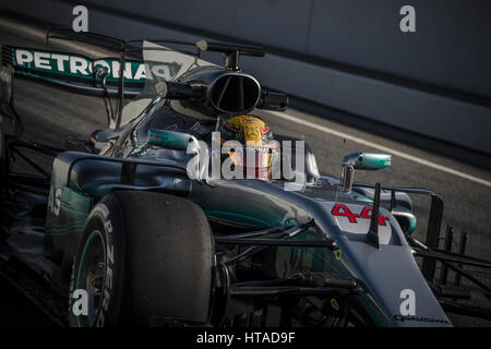 Barcelona, Spanien. 9. März 2017. LEWIS HAMILTON (GBR) braucht, um die Strecke in seinem Mercedes W08 EQ macht am 7. Tag der Formel1 Prüfung am Circuit de Catalunya Credit: Matthias Oesterle/ZUMA Draht/Alamy Live News Stockfoto