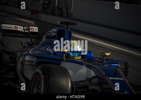 Barcelona, Spanien. 9. März 2017. MARCUS ERICSSON (SWE) braucht, um die Strecke in seinem Sauber C36-Ferrari am 7.Tag der Formel1 Prüfung am Circuit de Catalunya Credit: Matthias Oesterle/ZUMA Draht/Alamy Live News Stockfoto