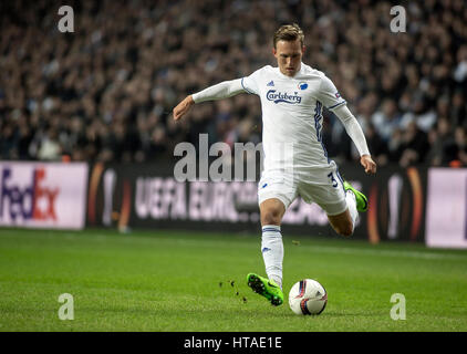 Dänemark, Kopenhagen, März 9. 2017. Ludwig Augustinsson (3) der FC Kopenhagen während der Europa League 16 Spiel zwischen FC Kopenhagen und Ajax Amsterdam bei Telia Parken zu sehen. Stockfoto