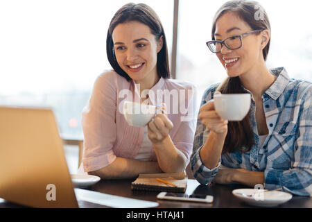 Zwei Kollegen, davon eine asiatische, eine Kaffee Pause von der Arbeit im Büro, beim betrachten etwas interessantes am Laptop-Bildschirm vor Lachen Stockfoto