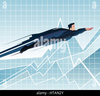 Superheld Geschäftsmann fliegen bereit, um über Diagramm mit blauen Anzug und blauer Umhang-Vektor-Illustration zu arbeiten. Stockfoto