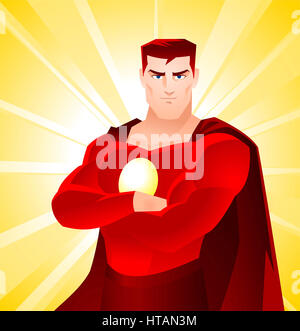 Amerikanische leuchtenden Superhelden stehen stolz, mit roten Anzug und Kap-Vektor-Illustration. Stockfoto