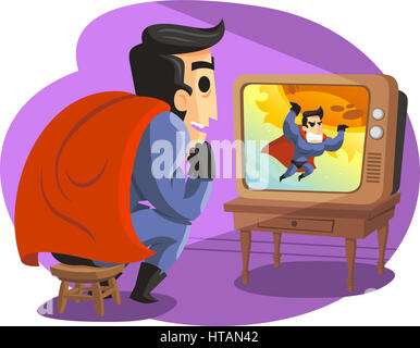 Superheroe watching Tv Cartoon illustration Stockfoto