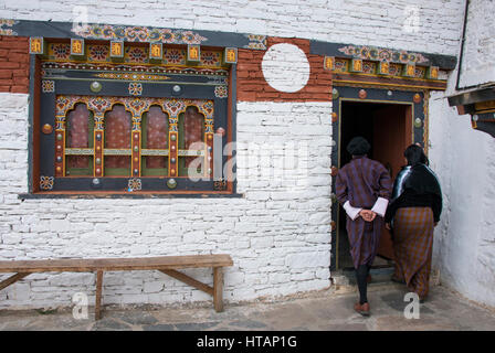 Bhutan Thimphu. Chong Gia ca Tempel. Detail der kunstvollen traditionellen bhutanesische Architektur. Stockfoto