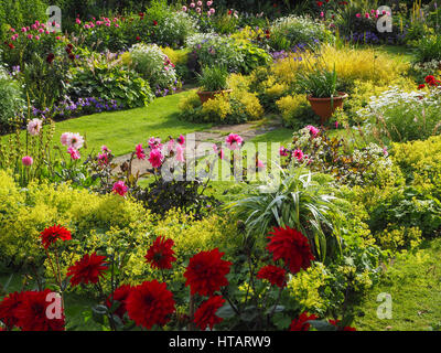 Dahlien blühen im Chenies Manor versunkene Garten; strahlender Sonnenschein, in ihrer ganzen Pracht zeigen. Bunte Pflanzen wunderschön gestalteten in Topform. Stockfoto