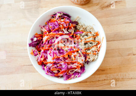 Zerkleinerten Schweinefleisch Schüssel mit Rotkohl Krautsalat und pikanter Sauce Stockfoto