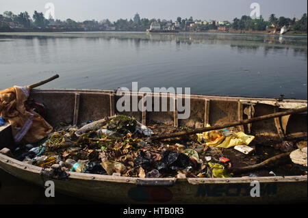 Reinigung des Sees "Bindu Sagar" (Indien). Im Hintergrund ist der Lingaraj Tempel sichtbar. Stockfoto