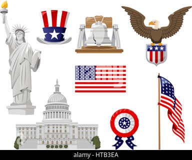 Americana-Vektor-Illustration-Icons, wie Zylinder, Glocke, Freiheitsstatue, gekennzeichnet Land, Flagge, weißes Haus Sammlungssatz. Stockfoto