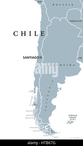 Chile politische Karte mit Hauptstadt Santiago, nationale Grenzen und Nachbarn. Republik und Land in Südamerika. Lange, schmale Streifen Land. Stockfoto