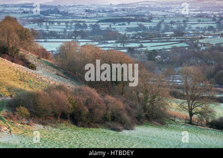Ein Frostiger Morgen Blackmore Vale von Gales Hügel, nr Buckland Newton, Dorset, England, UK Stockfoto