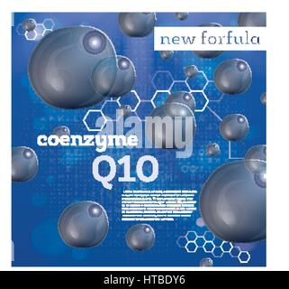 Coenzym Q 10. Transparente Blasen auf blauen Hintergrund. Vector Illustration. Stock Vektor