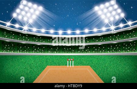 Cricket Stadion mit Neonlicht. Arena. Vector Illustration. Stock Vektor