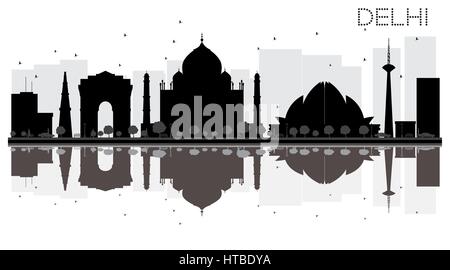 Delhi Skyline der Stadt schwarze und weiße Silhouette mit Reflexionen. Vector Illustration. einfache flache Konzept für Tourismus Präsentation, Banner Stock Vektor