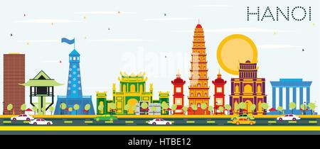 Hanoi Skyline mit Farbe Gebäude und blauer Himmel. Vector Illustration. Business Travel und Tourismus Konzept mit historischer Architektur. Stock Vektor