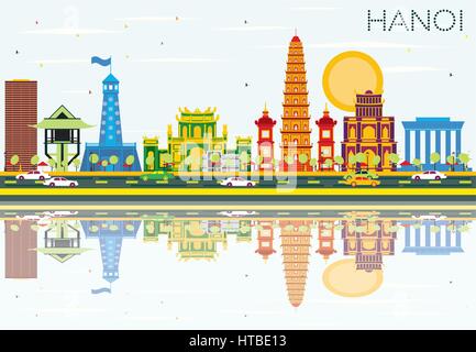 Hanoi Skyline mit Farbe Gebäude, blauer Himmel und Reflexionen. Vector Illustration. Business Travel und Tourismus Konzept mit historischer Architektur. Stock Vektor