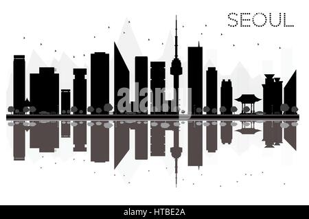 Seoul City Skyline schwarze und weiße Silhouette mit Reflexionen. Vector Illustration. Stock Vektor