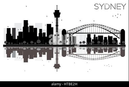 Sydney Skyline der Stadt schwarze und weiße Silhouette mit Reflexionen. Vector Illustration. Stock Vektor