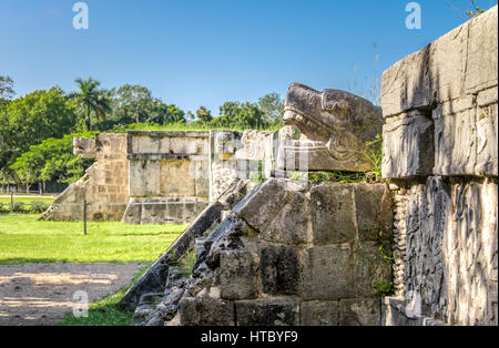 Jaguar-Köpfe der Venus-Plattform in alten Maya-Ruinen von Chichen Itza - Yucatan, Mexiko Stockfoto