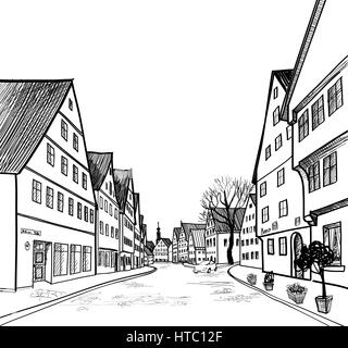 Street View in Altstadt. Stadtbild - Häuser, Gebäude und Baum auf Gasse. mittelalterlichen europäischen Landschaft. Stock Vektor