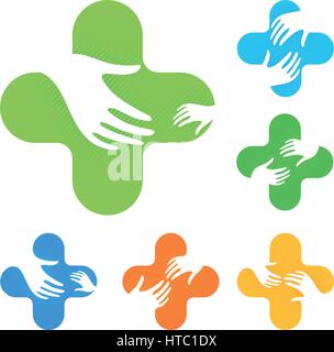 Isolierte abstrakt bunt Kreuz mit zwei Händen erreichen jedes andere Logo-Set, medizinische Element Logo Kollektion auf weißem Hintergrund Stock Vektor