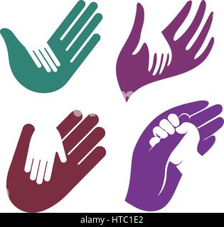 Isolierte abstrakt bunt Kind und Erwachsenen hand in hand Logo Set, Kind berühren Auflistung übergeordneten Palm Logo auf weißem Hintergrund Stock Vektor