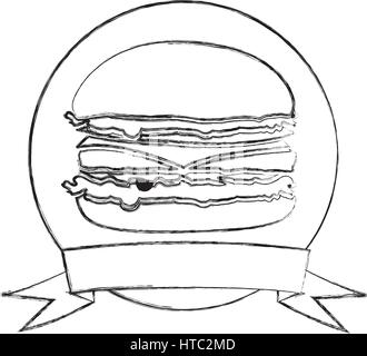 monochrome Skizze des kreisförmigen Rahmen mit Band und burger Stock Vektor