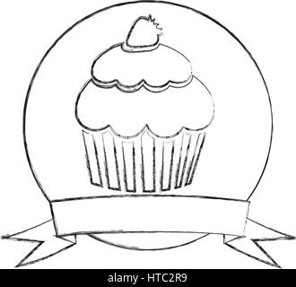 monochrome Skizze des kreisförmigen Rahmen mit Band und cupcake Stock Vektor