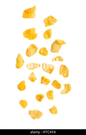 fallende Cornflakes isoliert auf weißem Hintergrund. Stockfoto