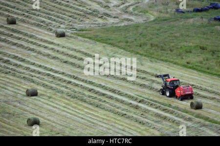 Ariel Ansicht von Farmer im roten Traktor Rettung Heu für den Einsatz als Silage (Feed) für sein Vieh in den schottischen Highlands, Schottland, Großbritannien. Stockfoto