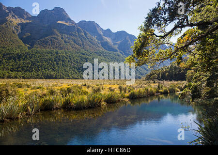 Knöpfe flach, Fiordland-Nationalpark, Southland, Neuseeland. Blick über Spiegel Seen bis zu den Bergen von Earl. Stockfoto