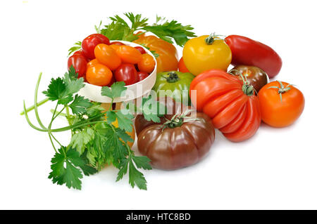 Sammlung von Tomaten isoliert auf weißem Hintergrund Stockfoto