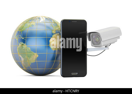 Überwachungskamera mit Globus Erde und Telefon, 3D rendering Stockfoto