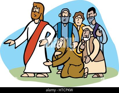 Eine Frau berührt Jesus 'Kleidung und wird geheilt. Sie war sehr krank für 12 Jahre gewesen und kein Arzt konnte ihr helfen. Stock Vektor