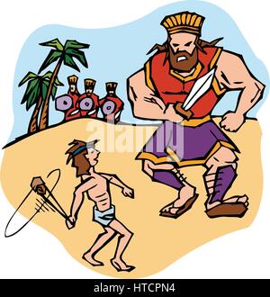David den Riesen Goliath mit einer Steinschleuder, wie es im Alten Testament beschrieben, die in der Bibel Stock Vektor